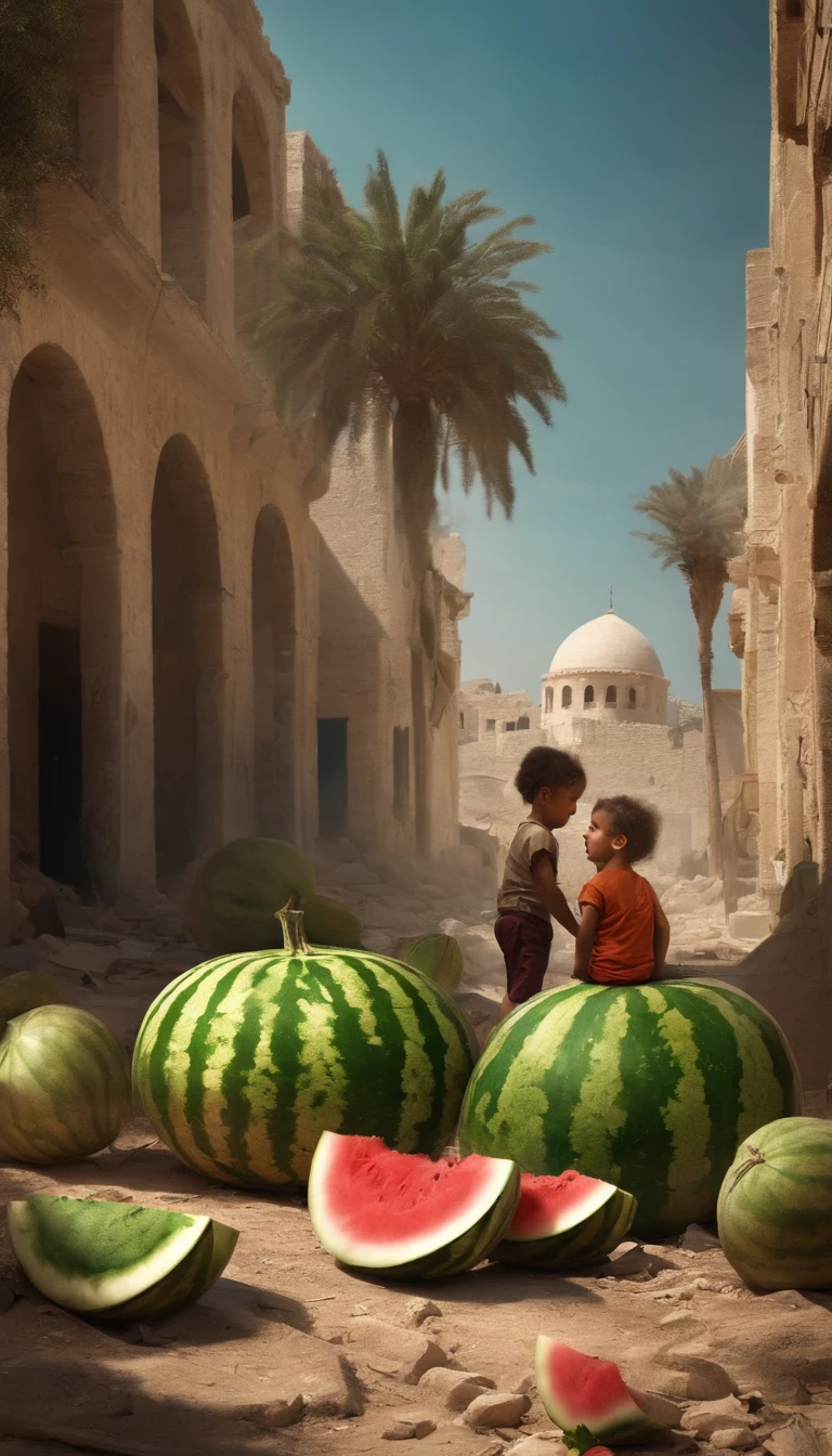 destroyed abandoned city in palestine, with kids hug watermelon