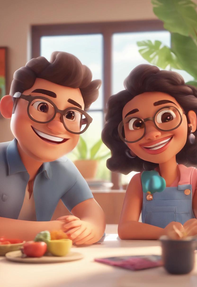 An illustration of an adorable couple, Highlight for a chubby mulatto man with glasses smiling and a brunette woman with beautiful expressive eyes - the man's skin is mulatto and the man's hair haswhile the woman's skin is black and the woman's hair is straight and brown. They are a bright room, cada um com um sorriso no rosto, e compartilhar um momento especial caracterizado pelo amor, Insights. Illustrate this scene from a perspective where they are facing the camera, Smiling and Showing Your Connection. Desenvolva esta arte em Full HD, Focus on your cinematic touch, Estilo Disney Pixar Animations