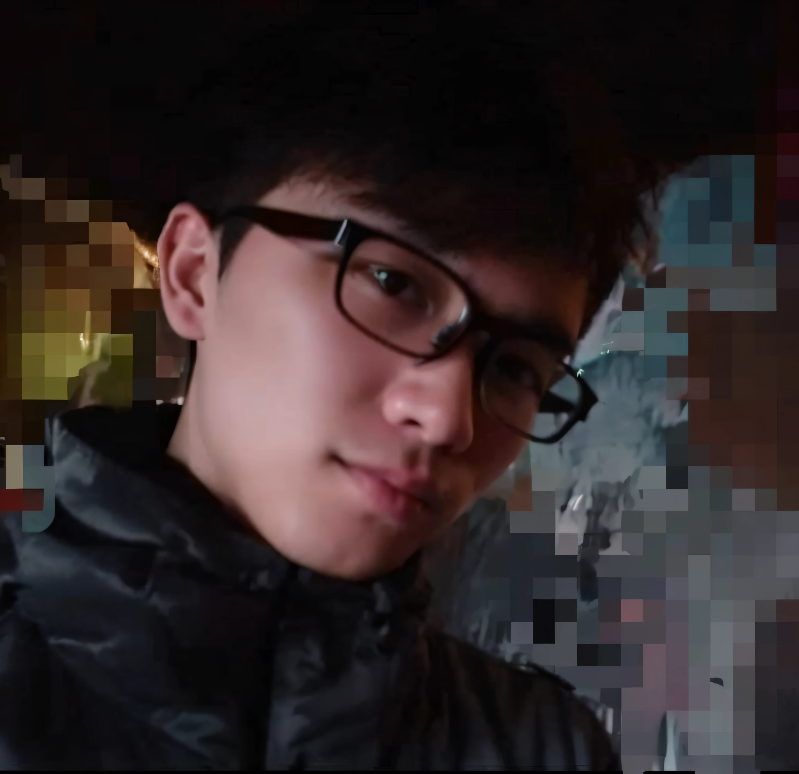 there is a man with glasses and a jacket on looking at a cell phone, profile picture 1024px, yanjun chengt, very very low quality picture, 18 years old, 1 7 - - old thin face, very very low quality, leaked photo, around 1 9 years old, xintong chen, 2 7 years old, remove background, random environment,