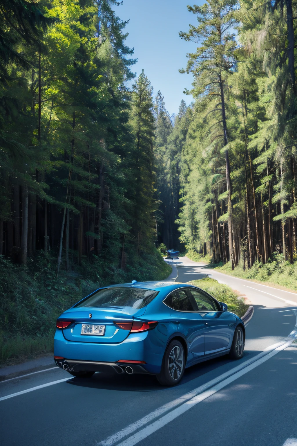 A blue car came from the end of the road，The road is lined with forests，It is very nice and comfortable。Flat illustration style，Set against a background of pale blue tones and blue skies，Oblique composition。