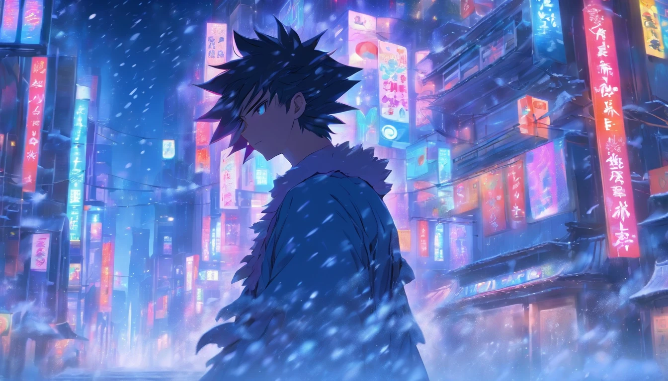 Imagine a scene in a vibrant Japanese city on a snowy, moonlit night. The city is a dazzling sight, adorned with neon lights that cast a beautiful, colorful glow over the streets. In the midst of this urban wonderland, stands a man with dark wavy hair and brown eyes. His hair ruffles gently in the chilly breeze, and his gaze is fixed upon the enchanting cityscape before him.
As snowflakes fall gracefully from the sky, they catch the city's radiant neon lights, creating a mesmerizing interplay of colors and a soft, ethereal ambiance. The moonlight adds an extra layer of magic to the scene, bathing the entire city in a gentle, silvery sheen.
The man's expression is a mix of awe and contemplation as he takes in the beauty of the city under the moonlight. This moment captures the serenity and wonder of a winter's night in a bustling metropolis.