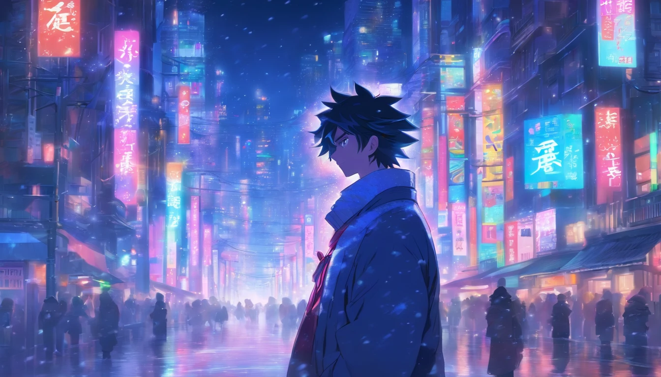 Imagine a scene in a vibrant Japanese city on a snowy, moonlit night. The city is a dazzling sight, adorned with neon lights that cast a beautiful, colorful glow over the streets. In the midst of this urban wonderland, stands a man with dark wavy hair and brown eyes. His hair ruffles gently in the chilly breeze, and his gaze is fixed upon the enchanting cityscape before him.

As snowflakes fall gracefully from the sky, they catch the city's radiant neon lights, creating a mesmerizing interplay of colors and a soft, ethereal ambiance. The moonlight adds an extra layer of magic to the scene, bathing the entire city in a gentle, silvery sheen.

The man's expression is a mix of awe and contemplation as he takes in the beauty of the city under the moonlight. This moment captures the serenity and wonder of a winter's night in a bustling metropolis.