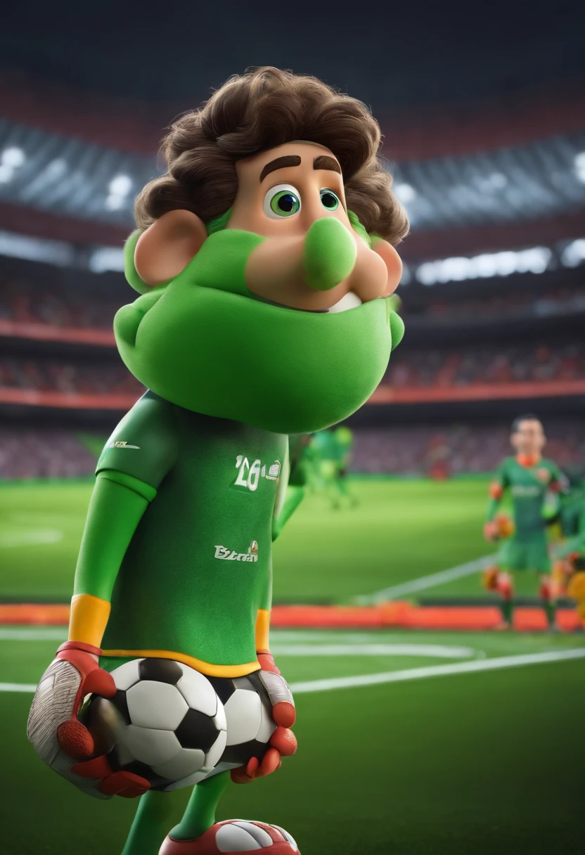 A goalkeeper looking at a ball in the dream stadium inspired by Pixar animation, de perto. The character takes center stage with captivating facial expressions, oferecendo um toque de irrealidade