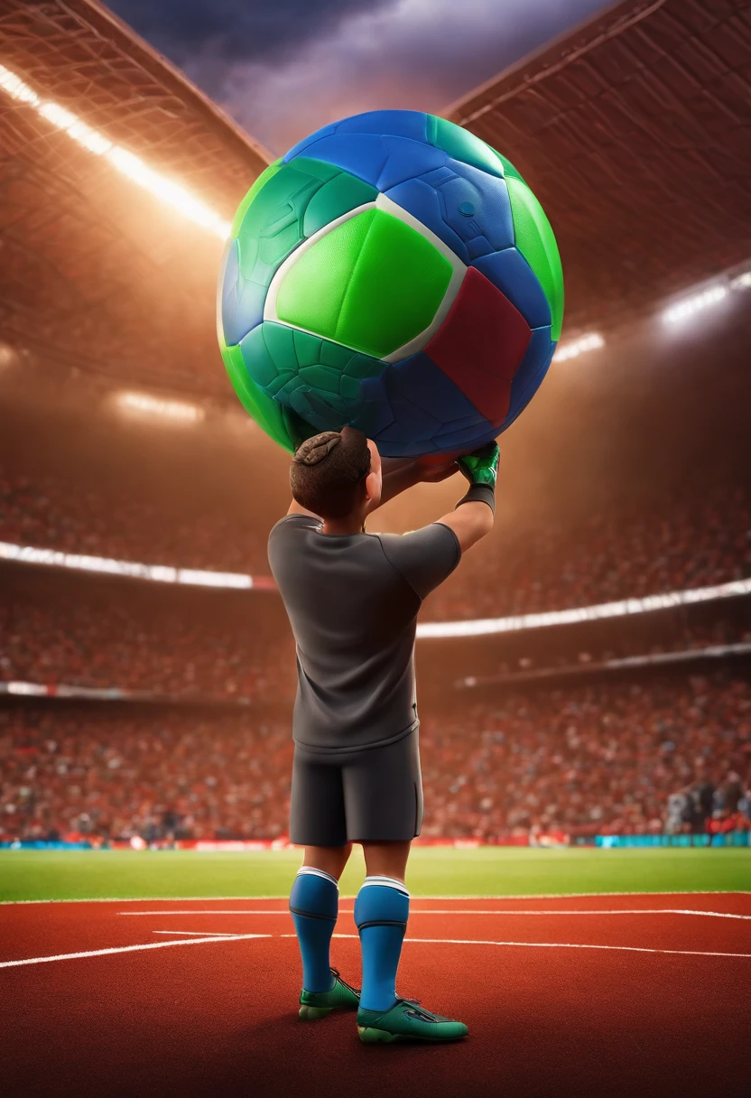 A goalkeeper looking at a ball in the dream stadium inspired by Pixar animation, de perto. The character takes center stage with captivating facial expressions, oferecendo um toque de irrealidade