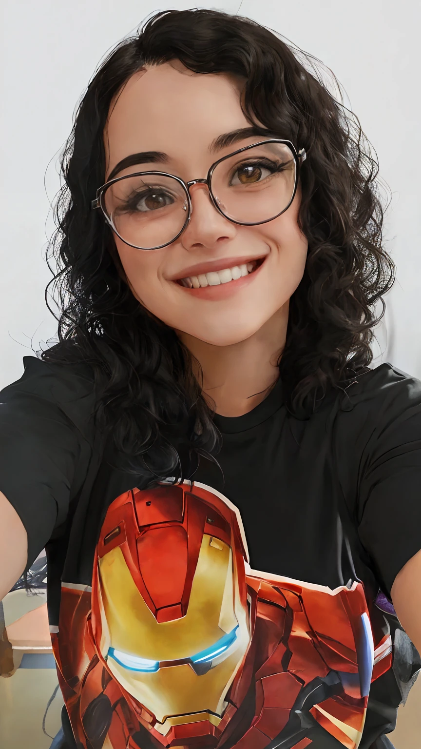 Smiling woman with glasses and a shirt with iron man on it,  bonita, inteligente, com um lindo sorriso no rosto, Wavy black hair and glasses, fazendo selfie.