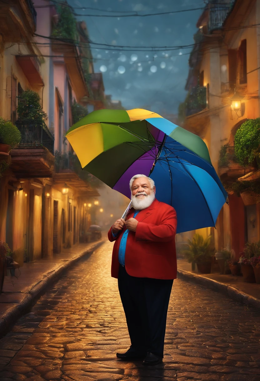 A fat old man looking like Lula Luiz Inácio da Silva, com alguns jumentos usando camiset6 vermelha, e sobre eles uma chuva de picanha tudo em estilo Disney pixar, os jumentos usando camisa vermelha, e um texto na imagem "Obrigado Papai lula"