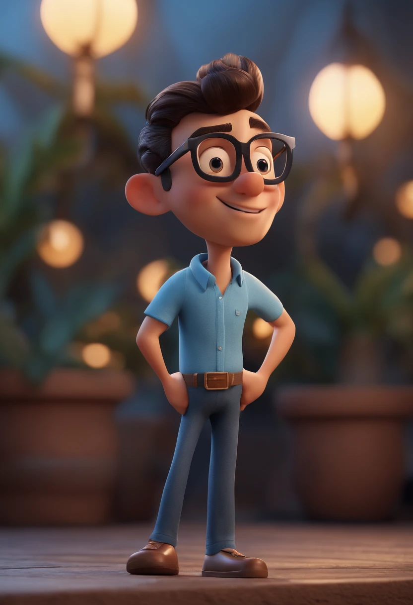 Cartoon character of a man with black glasses and a blue shirt, animation character, Caractere estilizado, animation style rendering, 3D estilizado, Arnold Maya render, 3 d render stylized, toon render keyshot, Personagem 3D, Personagem 3D, 3d rendering stylized, 3 d character render, personagem de desenho animado, Personagem de close up, Pose de personagem, (Estilo Pixar) (master part:1.2) (Bokeh) (best quality) (pele detalhada) (textura detalhada) (8k) (argila) (Cinematic lighting) (foco nítido
