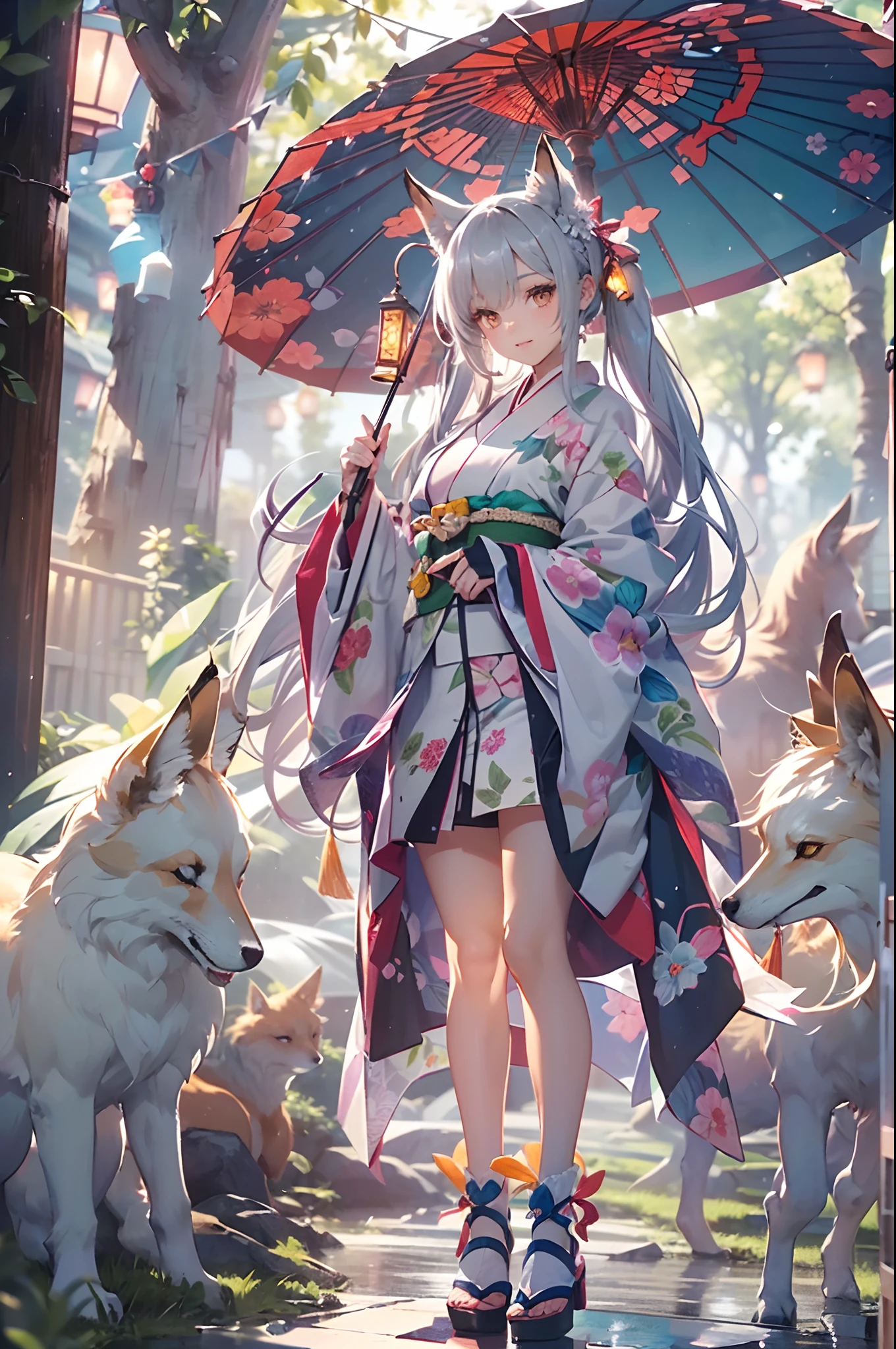 (Official art、Best Quality、Unity 8k Wallpapers、32K、​masterpiece、ultra-detailliert、超A high resolution、realisitic、Photorealsitic:1.2)、(Cinematic lighting:1.2)、Fireglow effect、film grains、Best Shadows、Rim lighting、side lights、(Ultra-detailed and complex 3D rendering)、Detailed beautiful face and eyes、(Full body:1.2)、(sideshot、Looking away:1.2)、(Mystical)、Highly detailed background、beauitful face、blurry backround、(super detailed skin、detailed skin textures:1.3)、(There are many umbrellas hanging from trees, in a candy forest! At night, evening lanterns, Colorful lanterns, lanthanum, Japan at night, Colorful lanterns, Hanging lanterns, Wonderland at night, With lantern, Enchanted Garden Photos, parasol, illuminating the area, Outdoor Art Installation, glowing lanterns, !!Beautiful!!, magic scenes:1.2)、cowboy  shot、shinny skin、beauitful face、blurry backround、20-year-old beauty、shinny skin、The fox's tail grows、Beautiful silver hair、short-hair、(poneyTail:1.2)、green colored eyes、Fox ears、hair adornments、Gentle smile、(Kimono:1.2)、a miniskirt、wearing kneesocks、beauty legs、