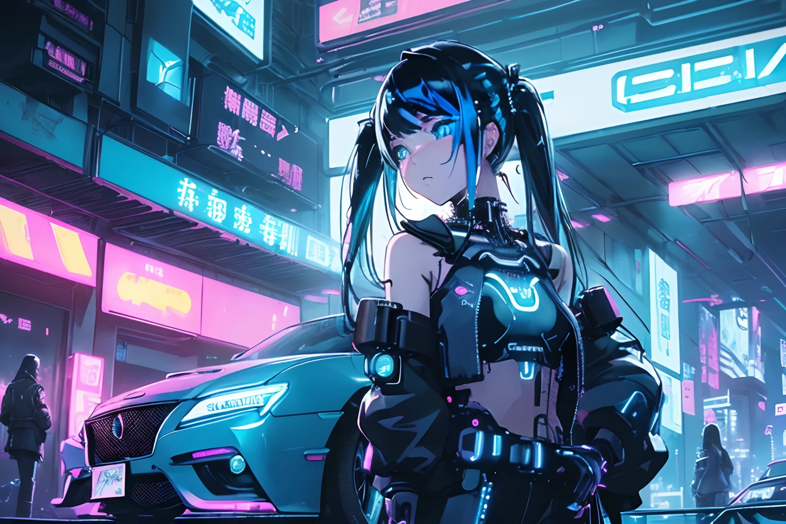 (deep in the night:1.3)、、(Detailed beautiful skin texture、detailed beautiful faces、Ultra-detailed clothing texture)、、(cyberpunked:1.4)、、(2females、18year old、Moderate milk、With long silver hair、blue eyess)、(Pink jacket、Black tank top、Cargo pants)、Standing next to the car(Ultra-fine pickup truck 、Long bonnet、 (3/4Front view、The car is located in the center of the frame)、、(car park、Cyberpunk's ultra-detailed night city)、(All Cars Cyberpunk Custom Cars)、、(softlighting)、、(masterpiece、top-quality:1.4、8K、ultra-detailliert、illustratio、Distinct_image、Convoluted_Details、delicate illustration)、(realisitic:0.15)、(Twintail)、Pearl Color、(((Neon blue and black cyberpunk car)))、((Choro Q Deformation))