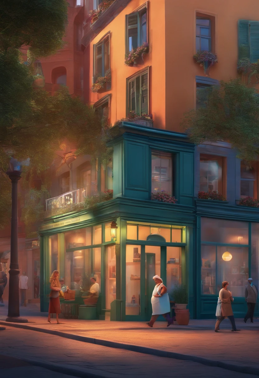 Pixar 3D-style drawing of a slimming clinic in the city center with a character in the foreground