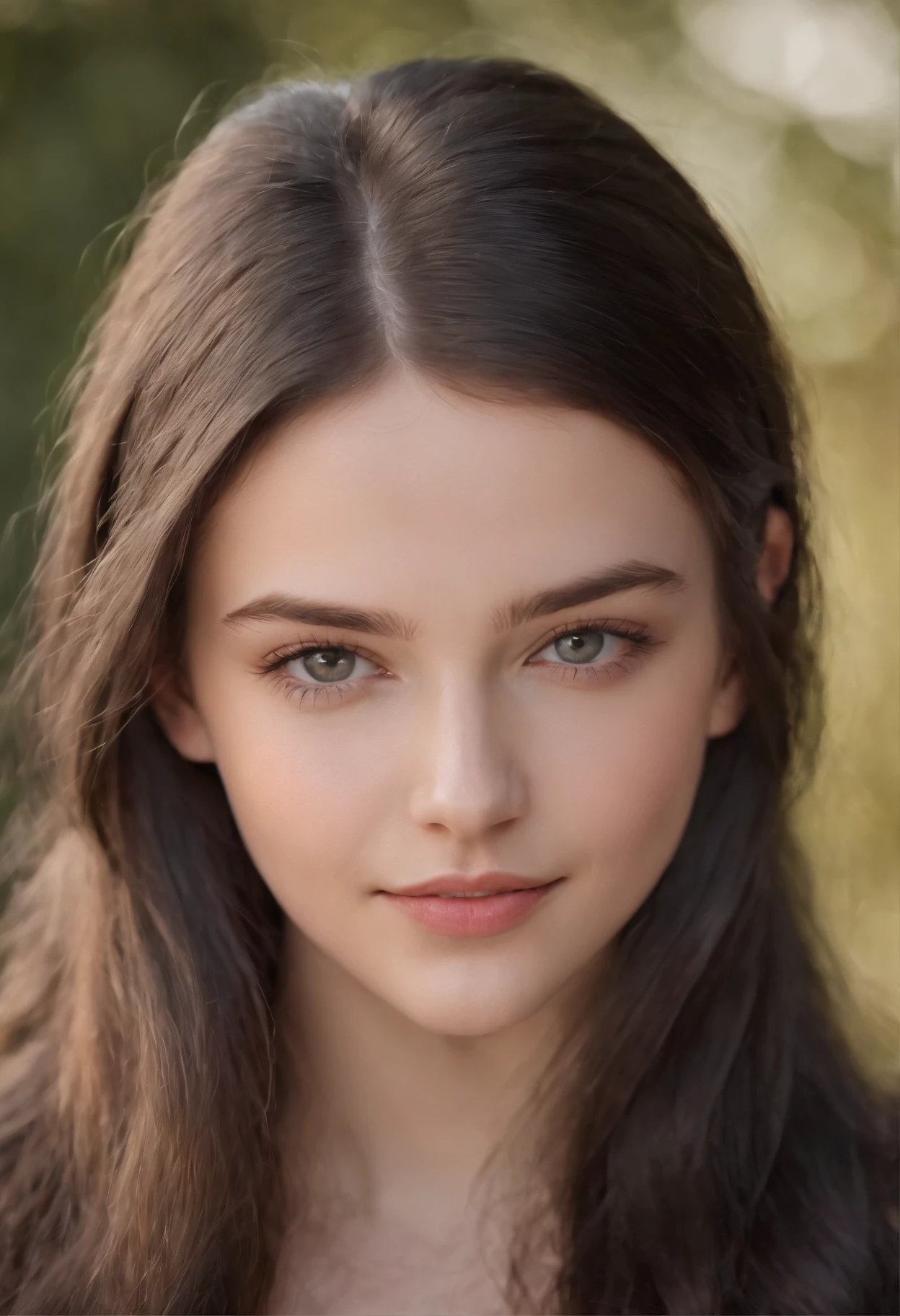 A stunning and beautiful black-haired girl with piercing grey eyes, full lips, age supermodel, perfect face, perfect skin, radiating confidence and joy as she smiles at the camera, hyperrealism