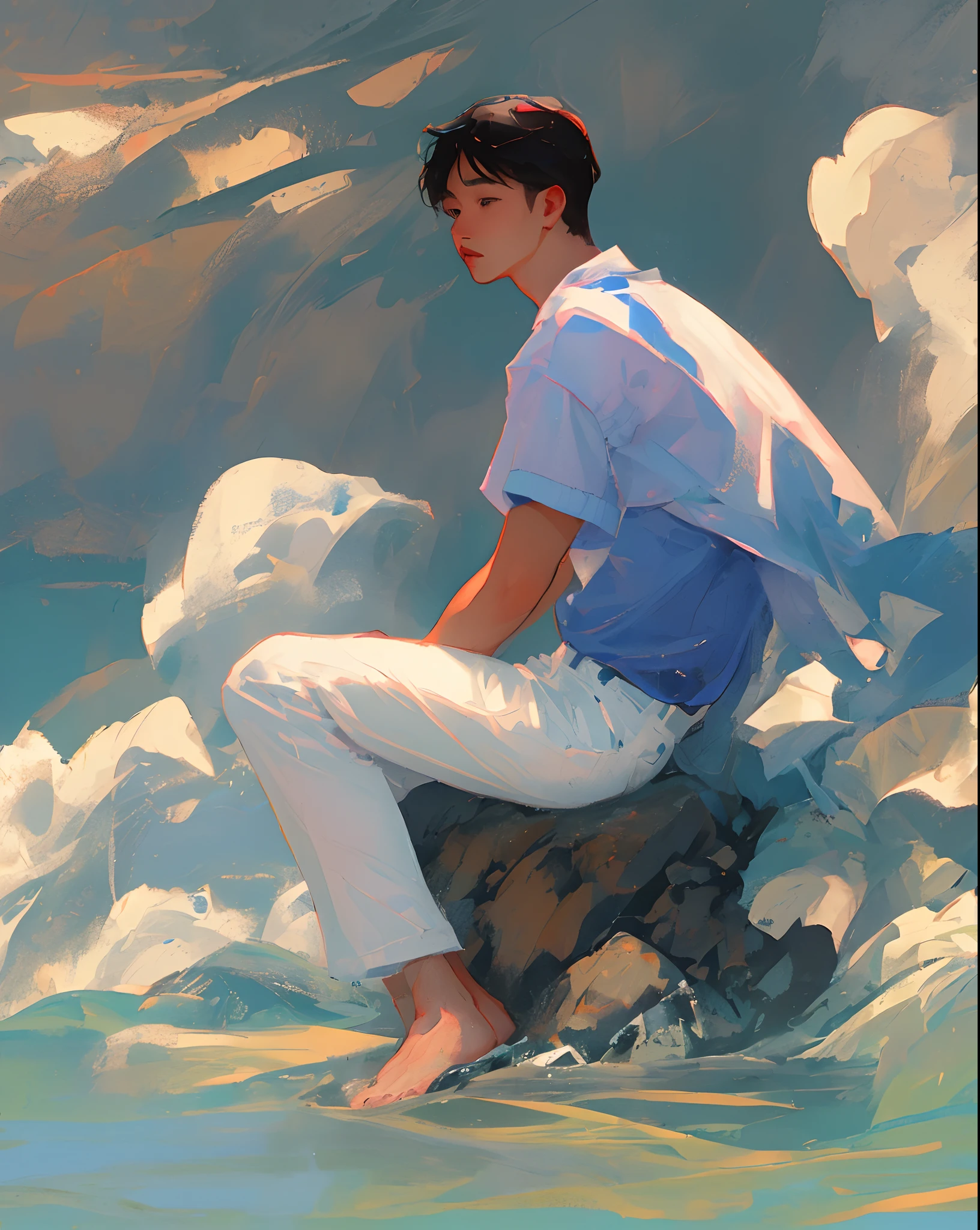 Man sitting on Bang Saray beach Blue shirt, white pants, white skin
