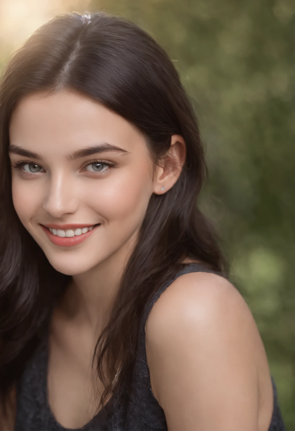A stunning and beautiful black-haired teen girl with piercing grey eyes, full lips, age 18, supermodel, perfect face, perfect skin, radiating confidence and joy as she smiles at the camera, hyperrealism