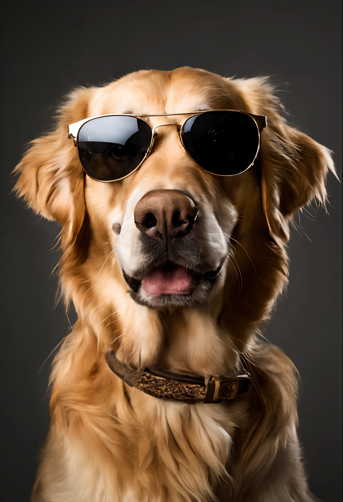 A high-quality studio photo of a golden retriever wearing sunglasses.