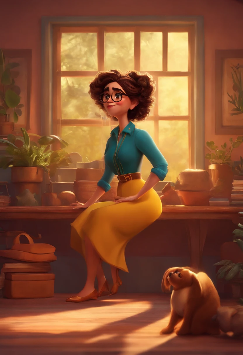 Criar um personagem no estilo pixar dentro de um jaleco. Character: brunette, hair tied up, glasses, golden frame
