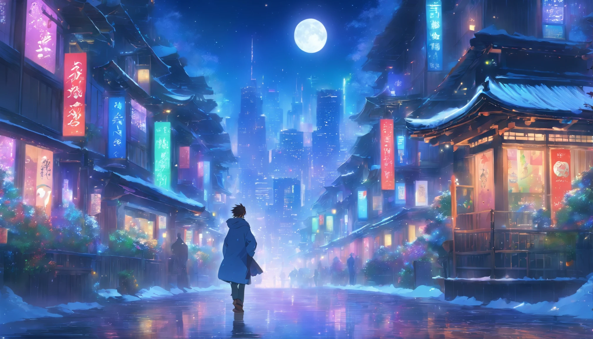 Imagine a scene in a vibrant Japanese city on a snowy, moonlit night. The city is a dazzling sight, adorned with neon lights that cast a beautiful, colorful glow over the streets. In the midst of this urban wonderland, stands a man with dark wavy hair and brown eyes. His hair ruffles gently in the chilly breeze, and his gaze is fixed upon the enchanting cityscape before him.
As snowflakes fall gracefully from the sky, they catch the city's radiant neon lights, creating a mesmerizing interplay of colors and a soft, ethereal ambiance. The moonlight adds an extra layer of magic to the scene, bathing the entire city in a gentle, silvery sheen.
The man's expression is a mix of awe and contemplation as he takes in the beauty of the city under the moonlight. This moment captures the serenity and wonder of a winter's night in a bustling metropolis.