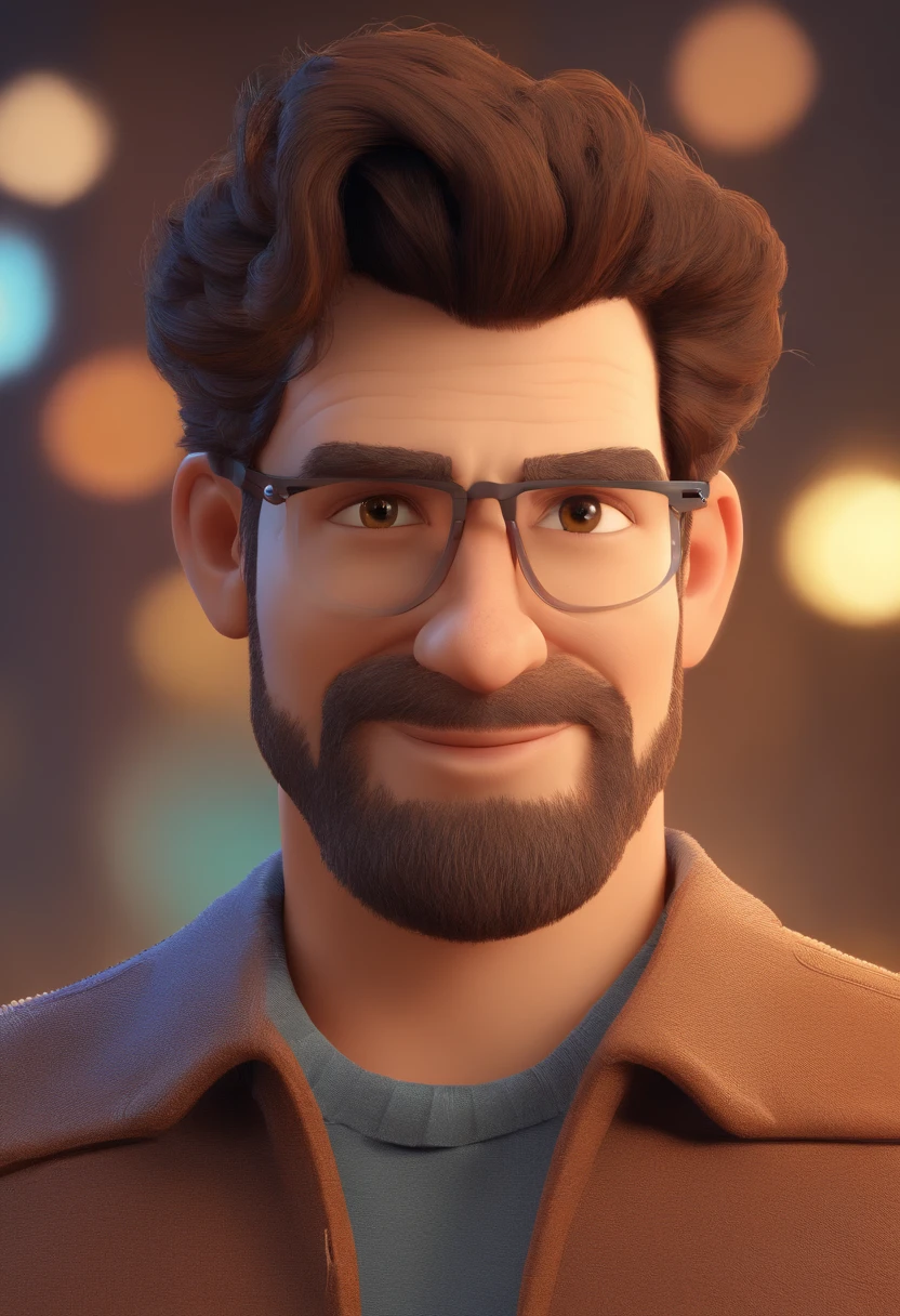 Estilo Pixar: Brown Eyes Man with Head, cabelo grisalho 27 anos de idade com barba preta curta