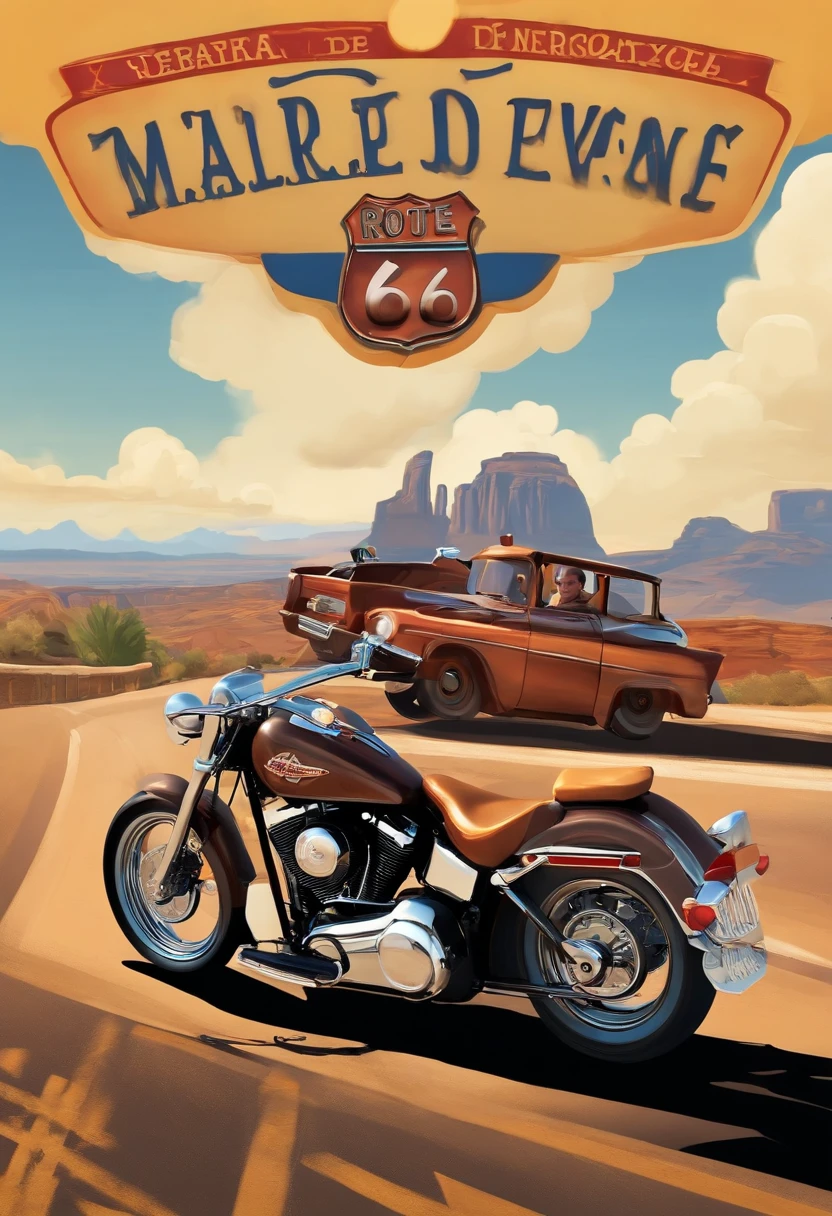 Por favor, create a Pixar-style scene that depicts a signature American biker. He's riding a Harley Davidson-style motorcycle down the iconic Route 66 in the United States. A cena deve transmitir um forte sentimento de aventura e entusiasmo. Certifique-se de que os detalhes da moto, of the biker and the landscape around him are vivid and full of life, como se fosse uma cena de um filme da Pixar. Quero que a imagem seja emocionante e cheia de energia, capturing the essence of the journey along Route 66."
