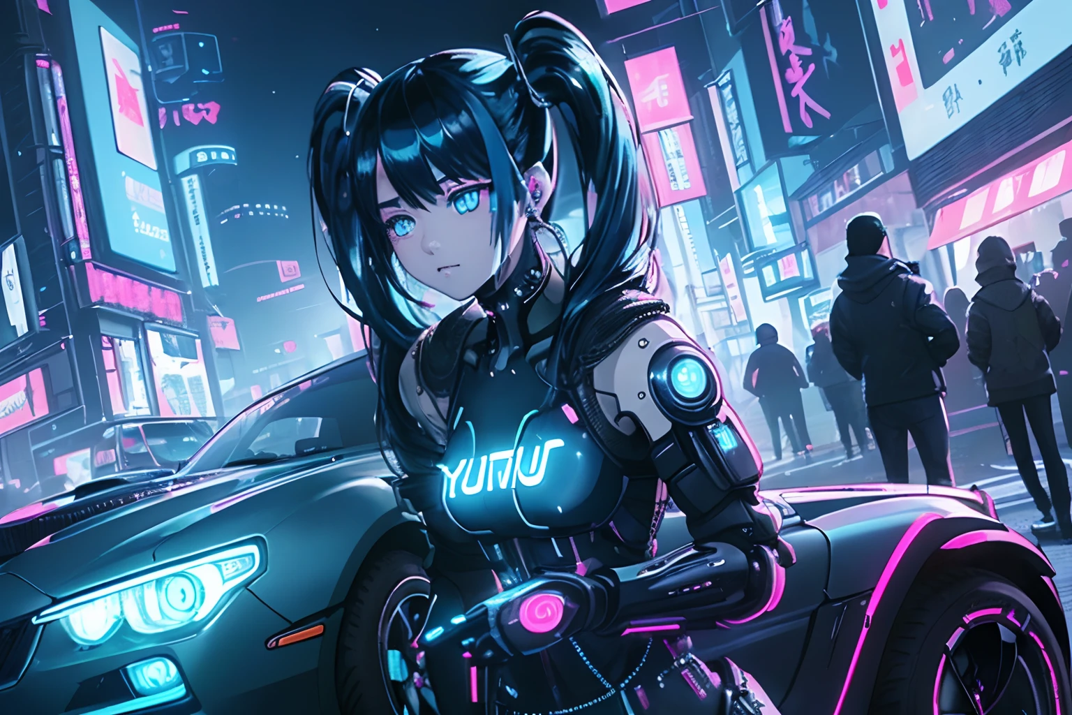 (deep in the night:1.3)、、(Detailed beautiful skin texture、detailed beautiful faces、Ultra-detailed clothing texture)、、(cyberpunked:1.4)、、(2females、18year old、Moderate milk、With long silver hair、blue eyess)、(Pink jacket、Black tank top、Cargo pants)、Standing next to the car(Ultra-fine pickup truck 、Long bonnet、 (3/4Front view、The car is located in the center of the frame)、、(car park、Cyberpunk's ultra-detailed night city)、(All Cars Cyberpunk Custom Cars)、、(softlighting)、、(masterpiece、top-quality:1.4、8K、ultra-detailliert、illustratio、Distinct_image、Convoluted_Details、delicate illustration)、(realisitic:0.15)、(Twintail)、Pearl Color、(((Neon blue and black cyberpunk car)))、((Choro Q Deformation))