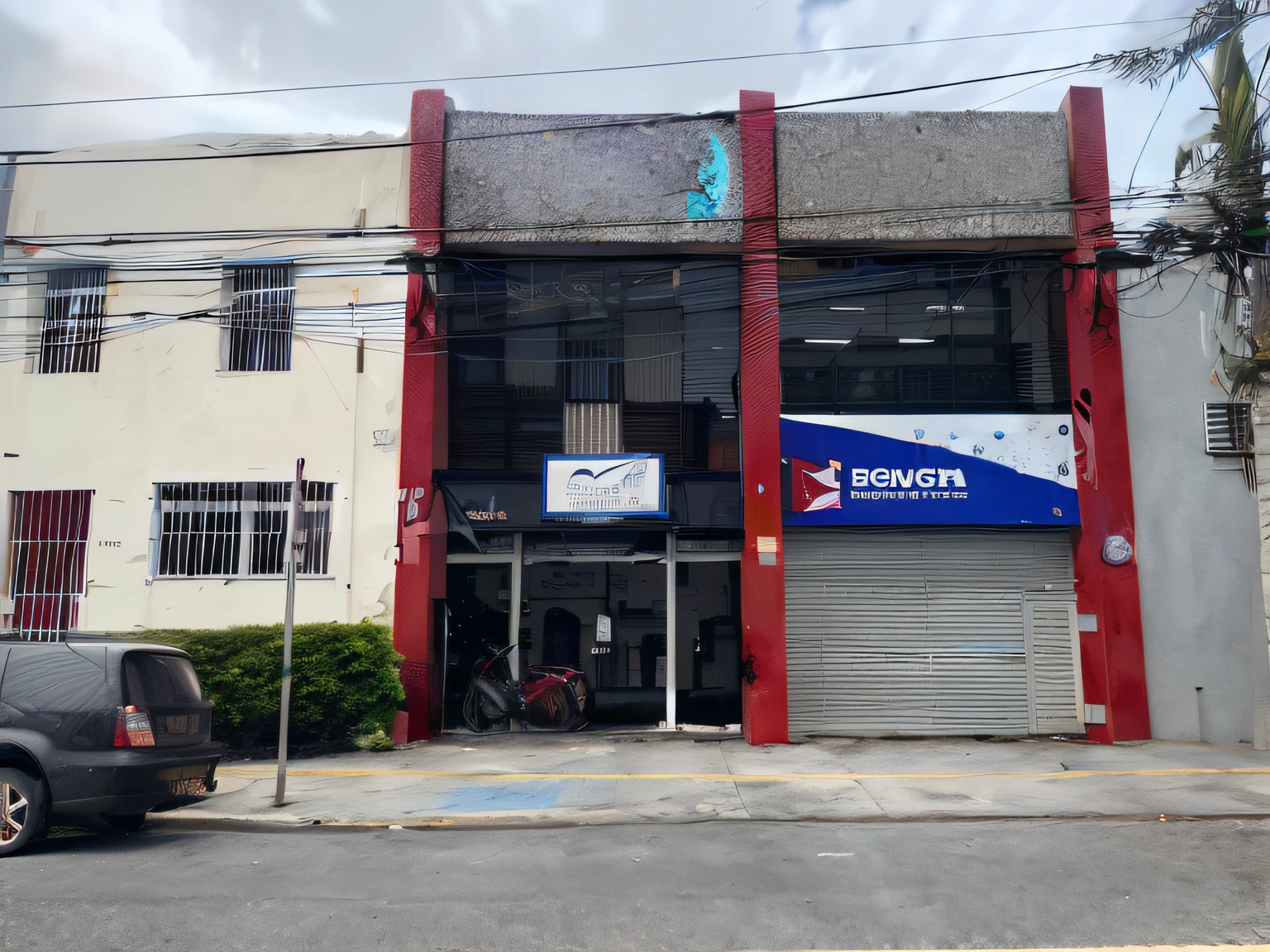 There's a car parked in front of a building, imagem frontal, Directed by: Arturo Rivera, foto para uma loja, exploitable image