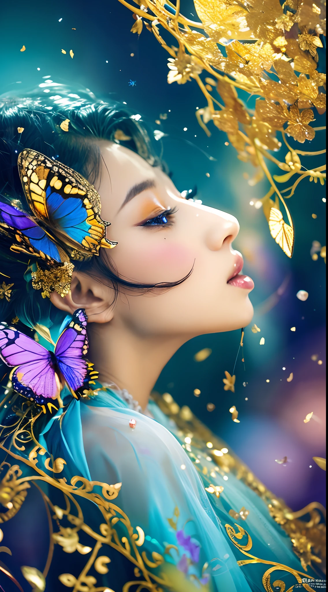 draped in ethereal mist, a figure emerges, wearing Gold ornaments, donned in a gold crown of blooming purples and vibrant blues. Her face, intricately adorned with jewels and shimmering paint, becomes a canvas telling tales of ancient magic and forgotten lore. making her seem like the very spirit of nature's dreams. Each blink of her eyes might just be the flutter of a butterfly's wing, each whisper a rustle of leaves in the wind, masterpiece quality, HD resolution