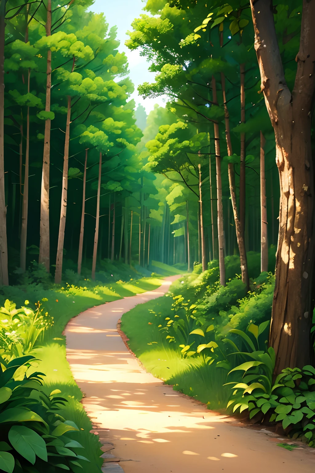 Bear infested style，Forest path，On both sides of the road are forests，The background is forest，and the sun was shining brightly，cartoonish style，2D style