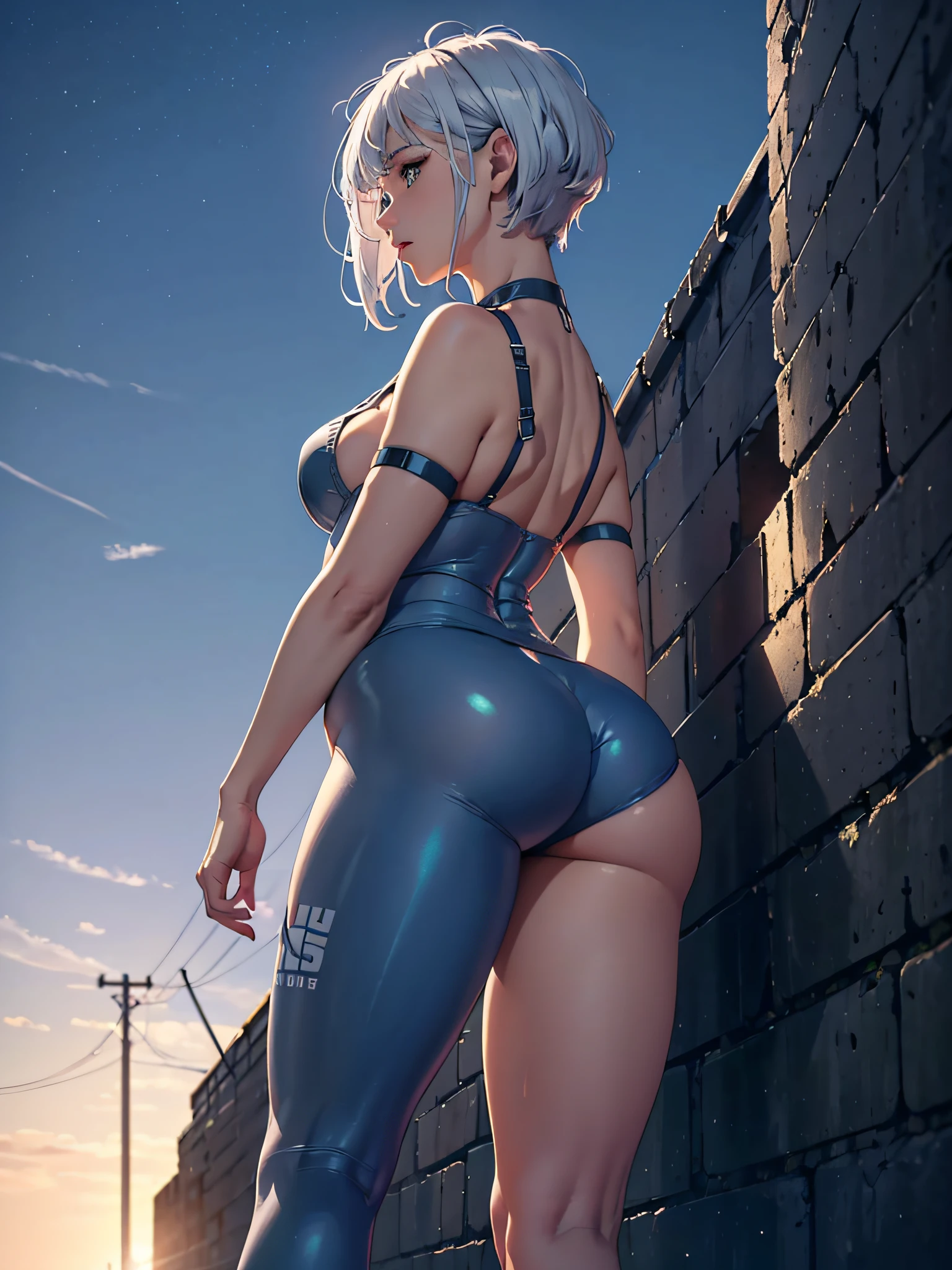 A girl with an extremely beautiful profile with unique features, matte bluish gray eyes, thick lips, short bob hair, white hair, long sideburns, white high-top sneakers, full body, small round breasts, thick thighs, big ass, thin waist, hot girl, {extremely detailed 16k CG unit wallpaper}, expansive landscape photography, (a low view focusing on the character and setting), (wide open field view), (low angle shot), (high light: 1.4), (low light: 1.2), (warm light source: 1.7), complex details, (iridescent colors: 1.8), (bright lighting), (atmospheric lighting), dreamy, sexy,