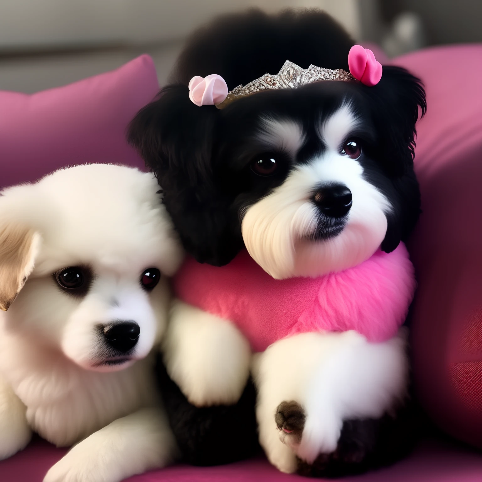A Disney Pixar movie poster titled “princess” and in the image include a white fluffy shih-poo with one black eye and a black ear on the opposite side laying on a pink pillow wearing a tiara while playing with a lamb chop toy