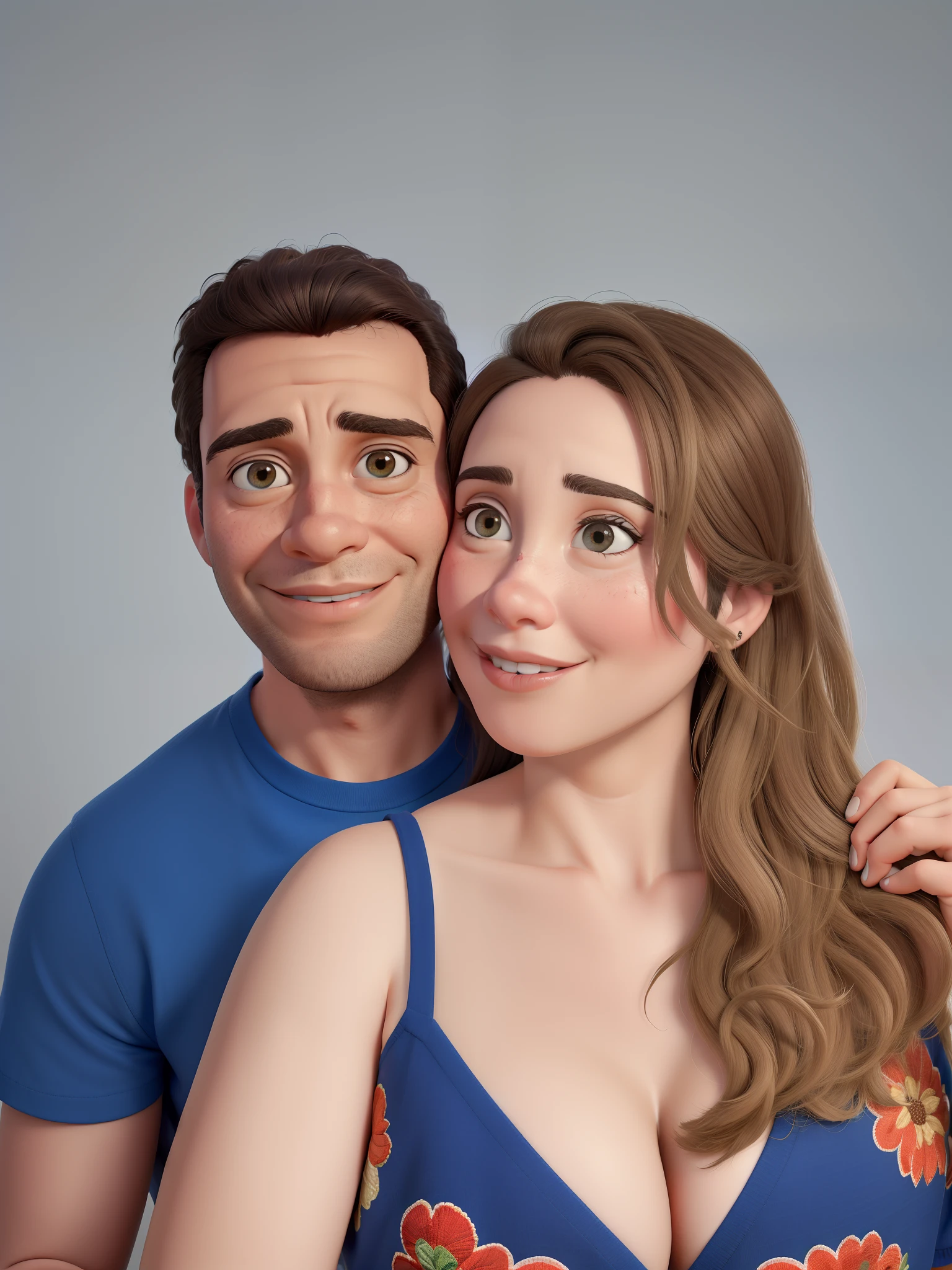 Obra-prima, de melhor qualidade, obra-prima, melhor qualidade, casal jovem, ela loira do olho escuro, ele moreno do olho castanho, ele vestido de camiseta azul, ela vestida de vestido florido azul, foto padrao pixar, capa de filme, ele abrancando ela, fundo neutro.