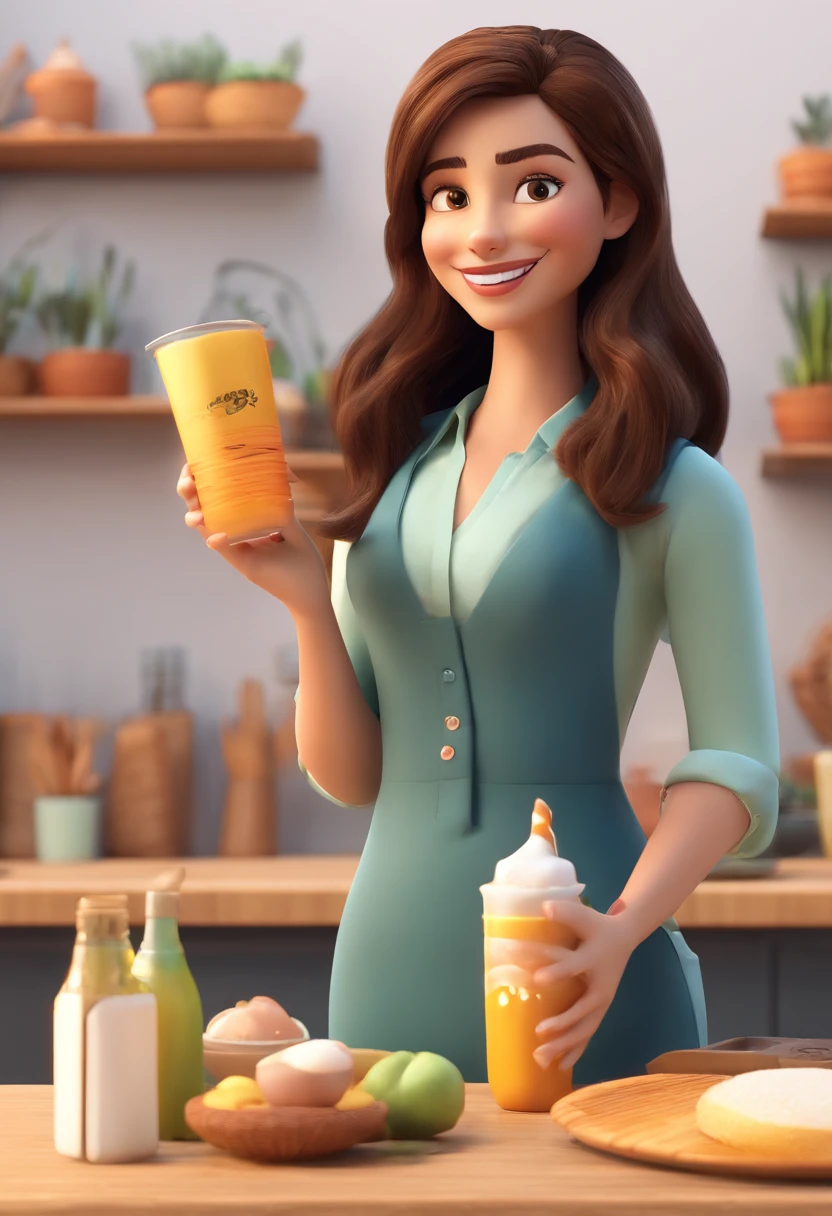 An illustration of an adorable brunette woman with beautiful brown eyes, and the woman's hair is straight and black, Featured holding a breakfast basket. They are a store with a table with products from the basket, com um sorriso no rosto. Illustrate this scene from a perspective where she is facing the camera, Smiling and Showing Your Connection. Desenvolva esta arte em Full HD, Focus on your cinematic touch, Estilo Disney Pixar Animations