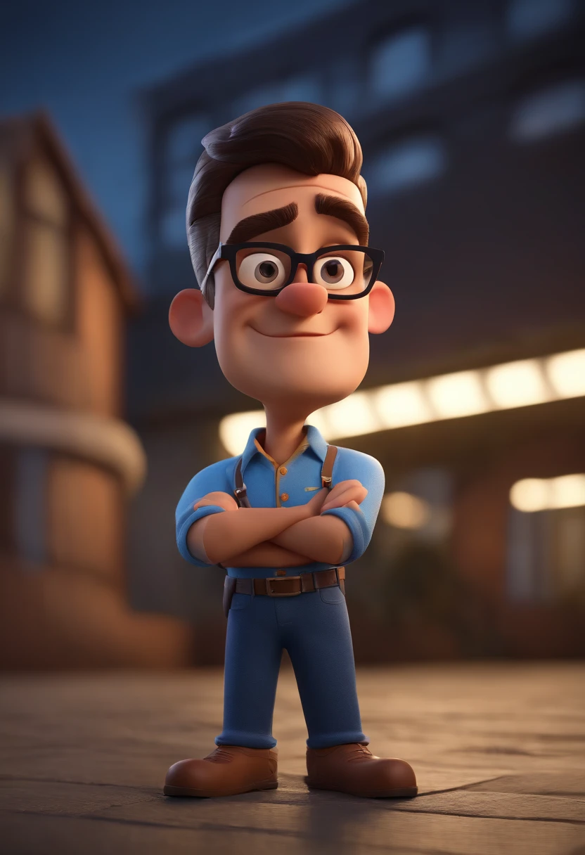 Cartoon character of a man wearing black glasses and a blue shirt, um personagem animado, Caractere estilizado, animation style rendering, 3D estilizado, Arnold Maya render, 3 d render stylized, toon render keyshot, Personagem 3D, Personagem 3D, 3d rendering stylized, 3 d character render, personagem de desenho animado, Personagem de close up, Pose de personagem, (Estilo Pixar) (master part:1.2) (Bokeh) (best quality) (pele detalhada) (textura detalhada) (8k) (argila) (Cinematic lighting) (foco nítido，Senta e vaza a parte superior do corpo