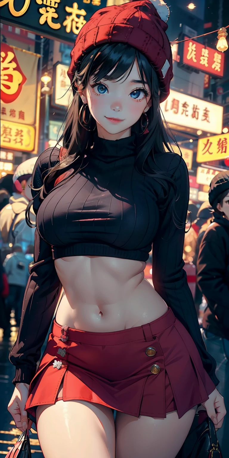realisticlying、11 year old girl、Super close-up from the ground、Thigh emphasis、Wearing a knitted hat that emphasizes the buttocks、Wear a red mini skirt with ruffles、Breasts enlarged、Versatile sexy poses、Face smile、Hong Kong on Christmas Night