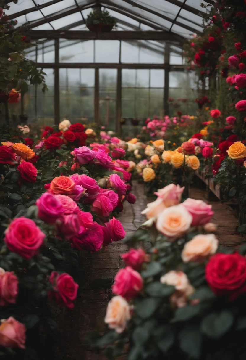 Best quality, garden of roses, rainbow roses, greenhouse, raining