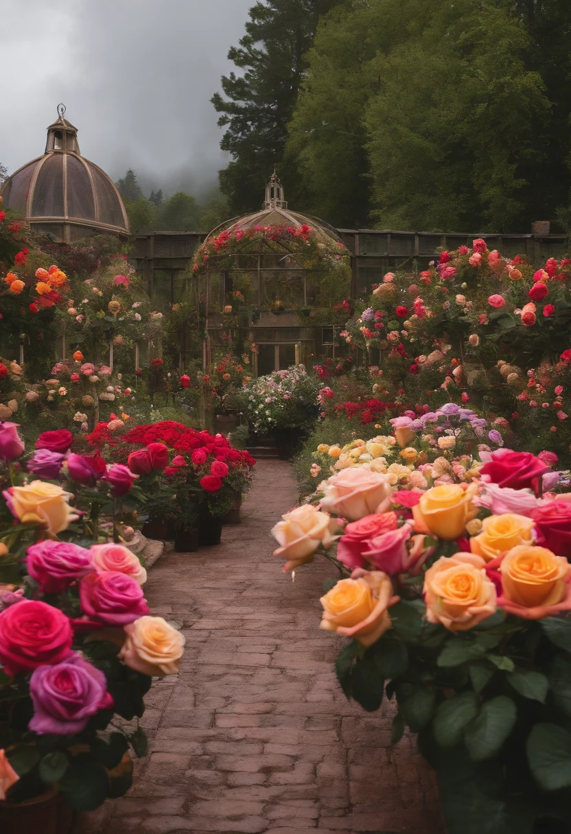 Best quality, garden of roses, rainbow roses, greenhouse, raining