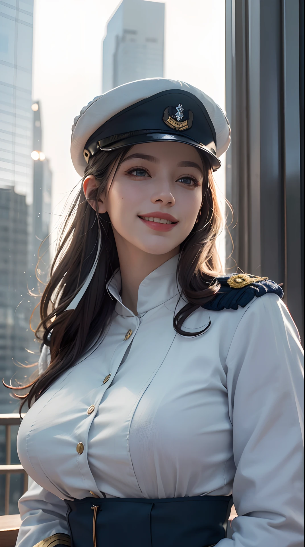 (best quality, 4k, 8k, high-res, masterpiece:1.2), ultra-detailed, (realistic, photorealistic, photo-realistic:1.37), (beautiful detailed eyes, beautiful detailed lips, extremely detailed eyes and face), studio lighting, physically-based rendering, vivid colors, (big tits, super big tits, super extra big tits), ((waist)), (military or naval uniform, hat:1.5), (two-tone color, silver & navy), (soft lighting, lowlight lighting), (portrait, smile and laugh), (skyscraper:1.5),