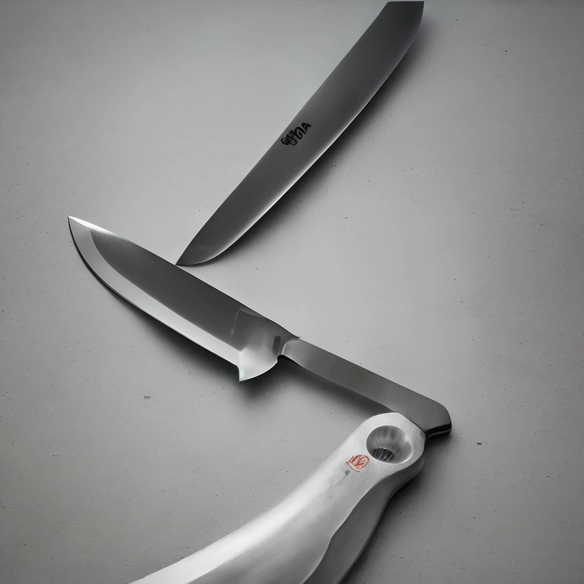 Create an image of an empty white room with an arm holding a knife written on it "Suicide Gospel" Inside the knife blade