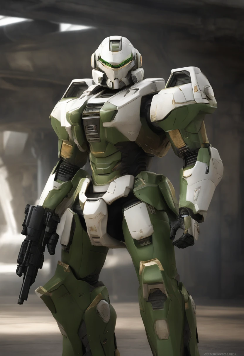 create a super realistic drawing of a 2-meter mecha armor, battle-worn white, wearing the armor is a man with short blond hair parted in the middle and combed back, green eyes, wide nose and stubble, tired expression on his face