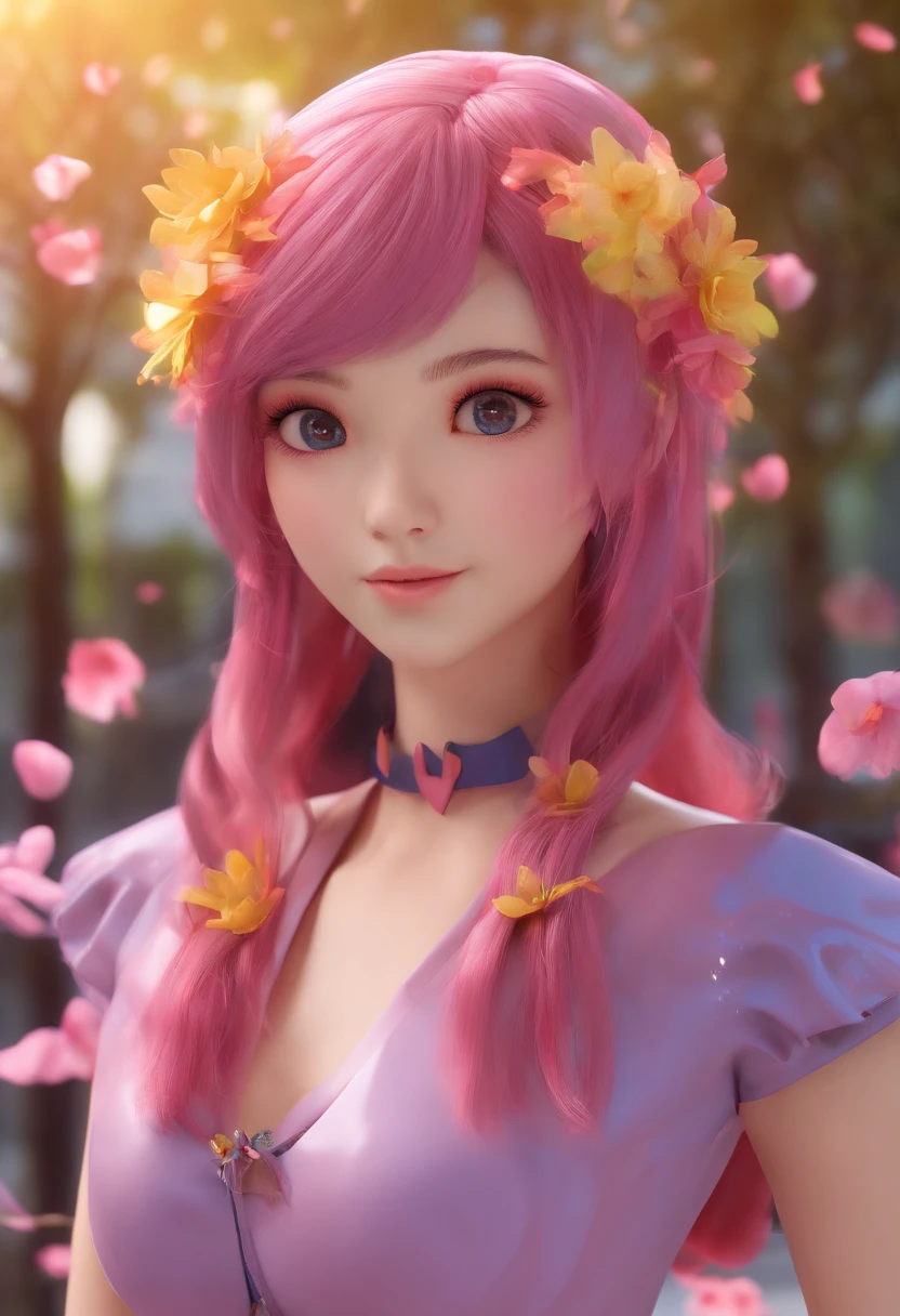 ultra cute Ahri in a huge pile of cherry petals, ultra joyful, bright blue eyes, pink-orange gradient hair, wearing a ultra thin gradient beach dress made from sakura petals, lut, ultra warm and bright day, skin indentation, warm vibrant pastel colors, cinematic, insane details, intricate details, hyperdetailed, closeup, 8k, volumetric light, depth of field, Luminous Studio graphics engine, perfect anatomy, completely clean body, korean makeup aework by ZhangFuzeng💦