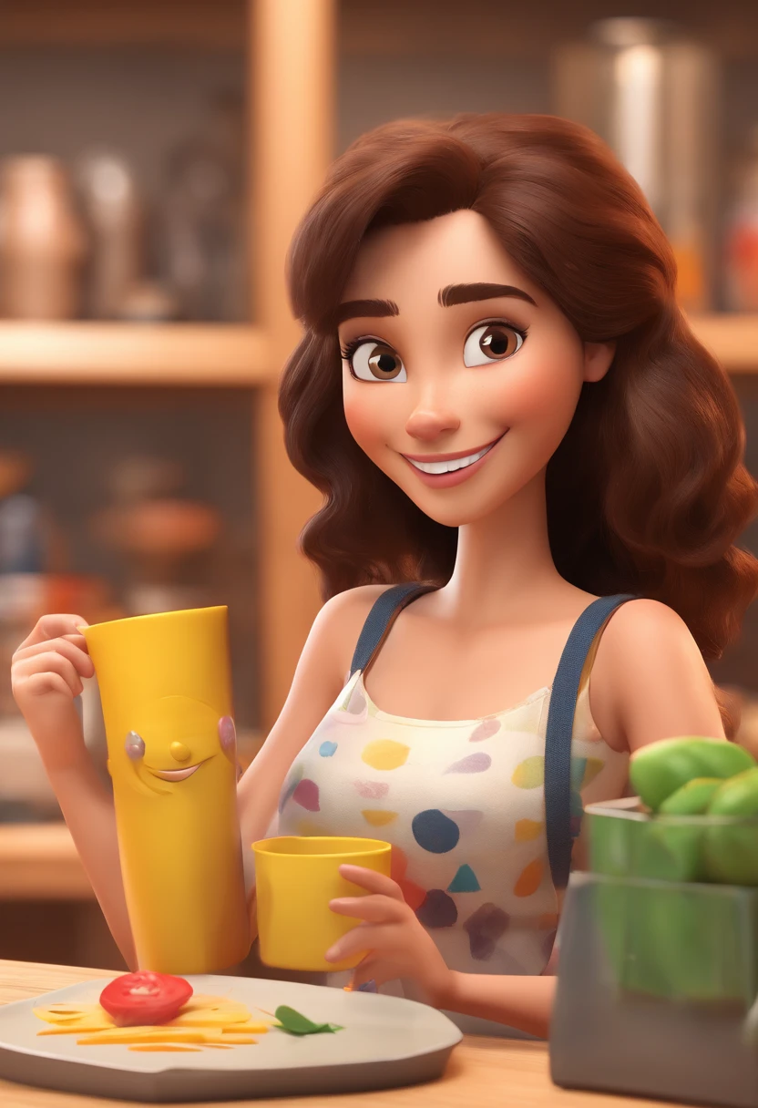 An illustration of an adorable brunette woman with beautiful brown eyes, and the woman's hair is straight and black, Featured holding a breakfast basket. They are a store with a table with products from the basket, com um sorriso no rosto. Illustrate this scene from a perspective where she is facing the camera, Smiling and Showing Your Connection. Desenvolva esta arte em Full HD, Focus on your cinematic touch, Estilo Disney Pixar Animations