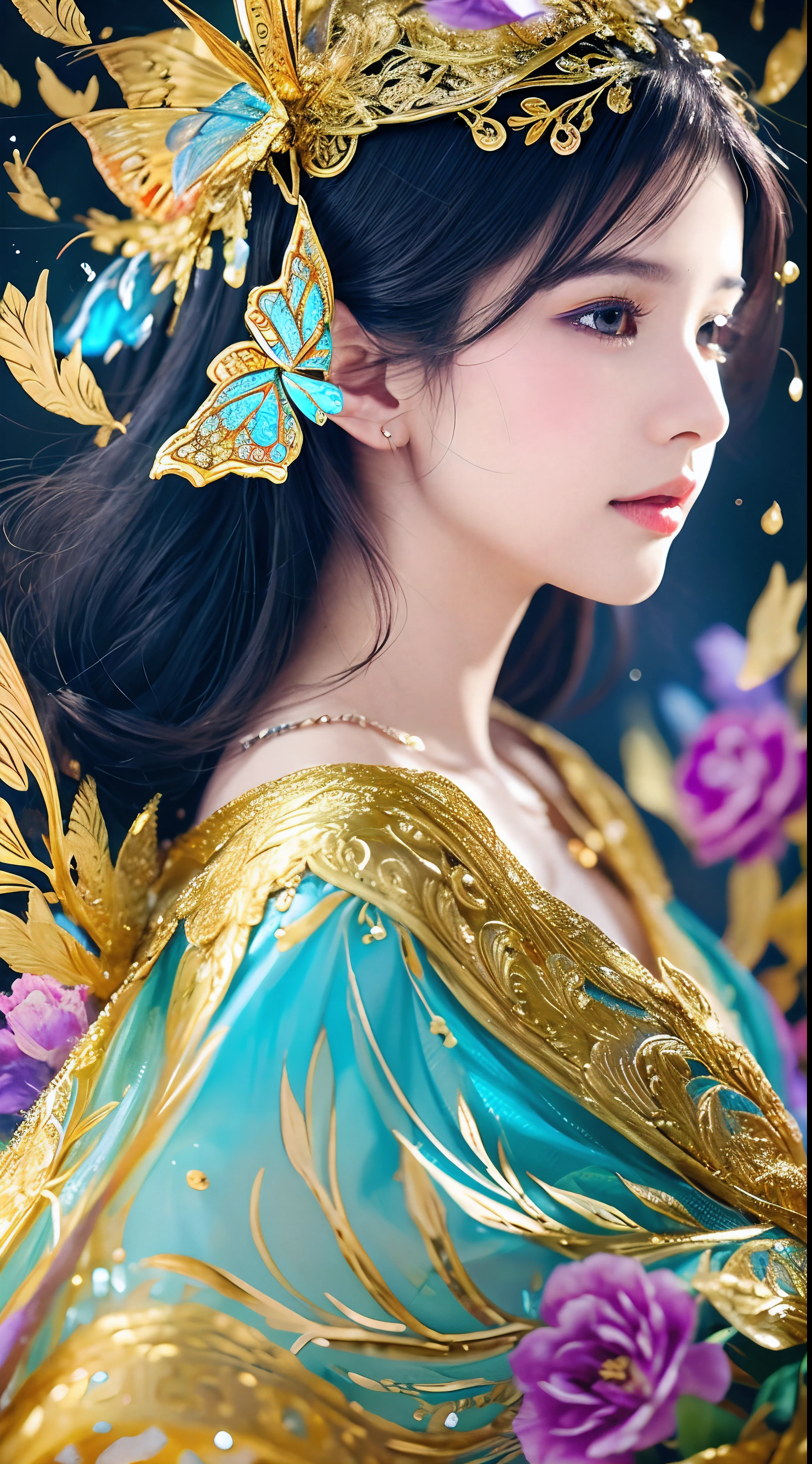 draped in ethereal mist, a figure emerges, wearing Gold ornaments, donned in a gold crown of blooming purples and vibrant blues. Her face, intricately adorned with jewels and shimmering paint, becomes a canvas telling tales of ancient magic and forgotten lore. making her seem like the very spirit of nature's dreams. Each blink of her eyes might just be the flutter of a butterfly's wing, each whisper a rustle of leaves in the wind, masterpiece quality, HD resolution