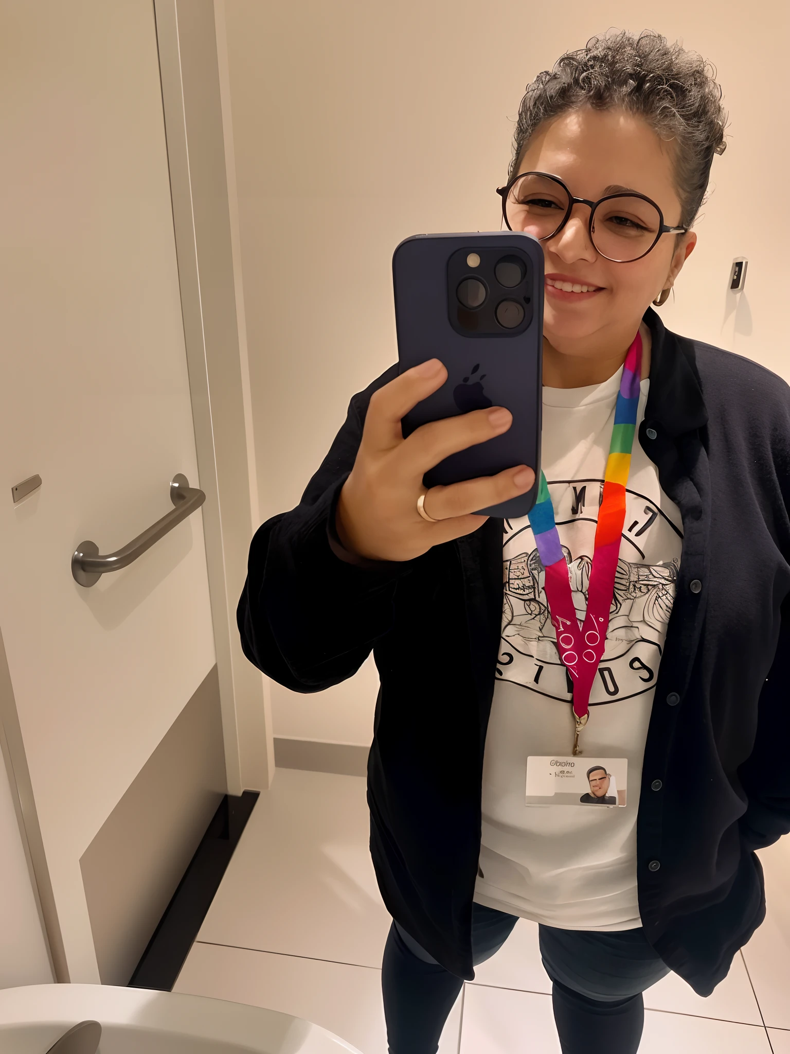 there is a woman taking a selfie in a bathroom mirror, tirado no iphone 1 4 pro, foto da roupa, tirado no iphone 14 pro, a person standing in front of a, foto de 2022, Tiro no iPhone 1 3 Pro, iphone selfie, brincos enormes e maquiagem queer, olhar orgulhoso, Tiro no iPhone 1 3 Pro Max, imagem do iphone