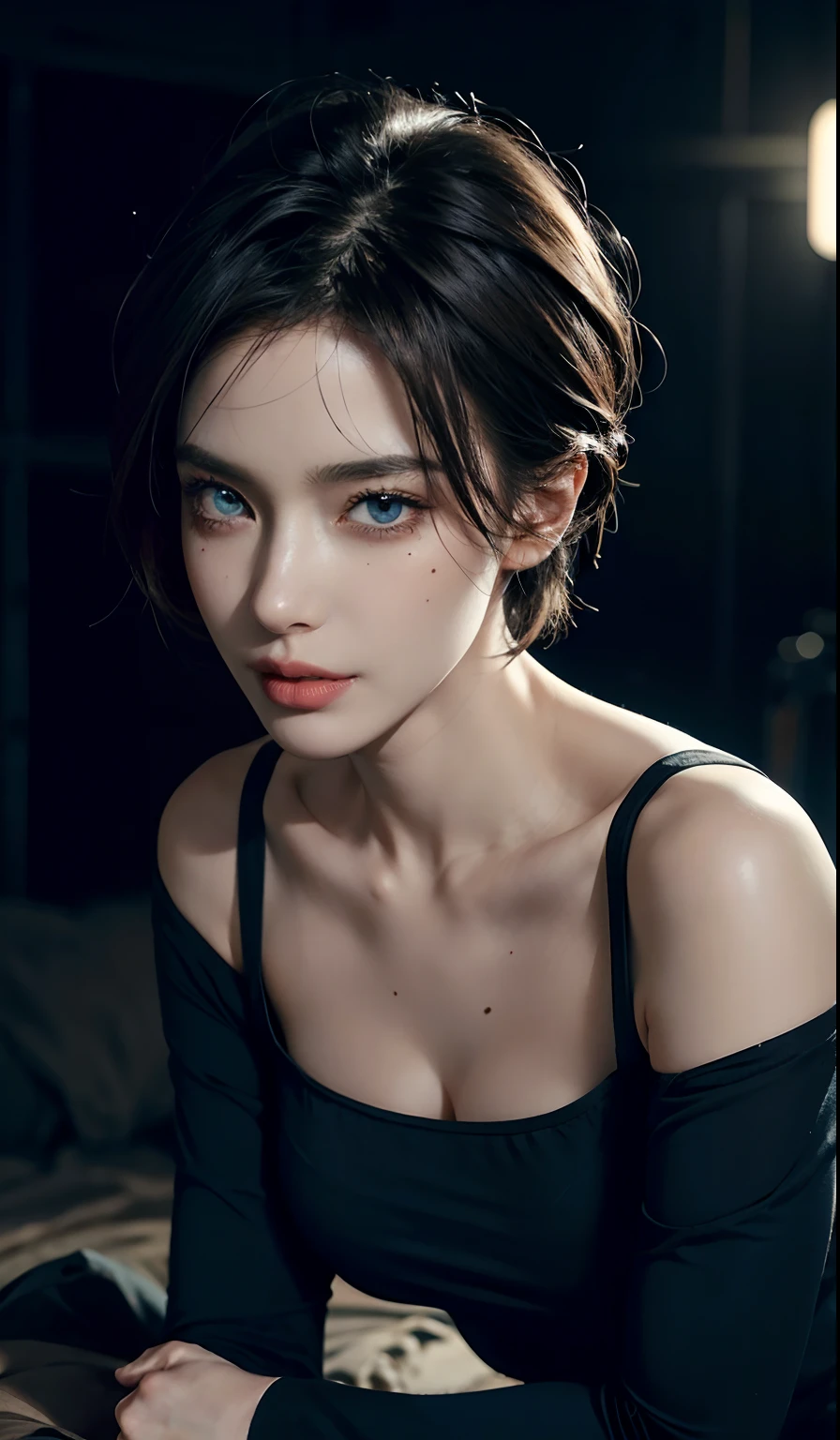 short hair, skintight black top:1.2, looking at viewer, cinematic lighting, perfect, soft lights, high resolution skin:1.2, realistic skin texture, realistic face, off shoulder, Exposed cleavage, blue Eyes, mole, short hair, mole under eye,