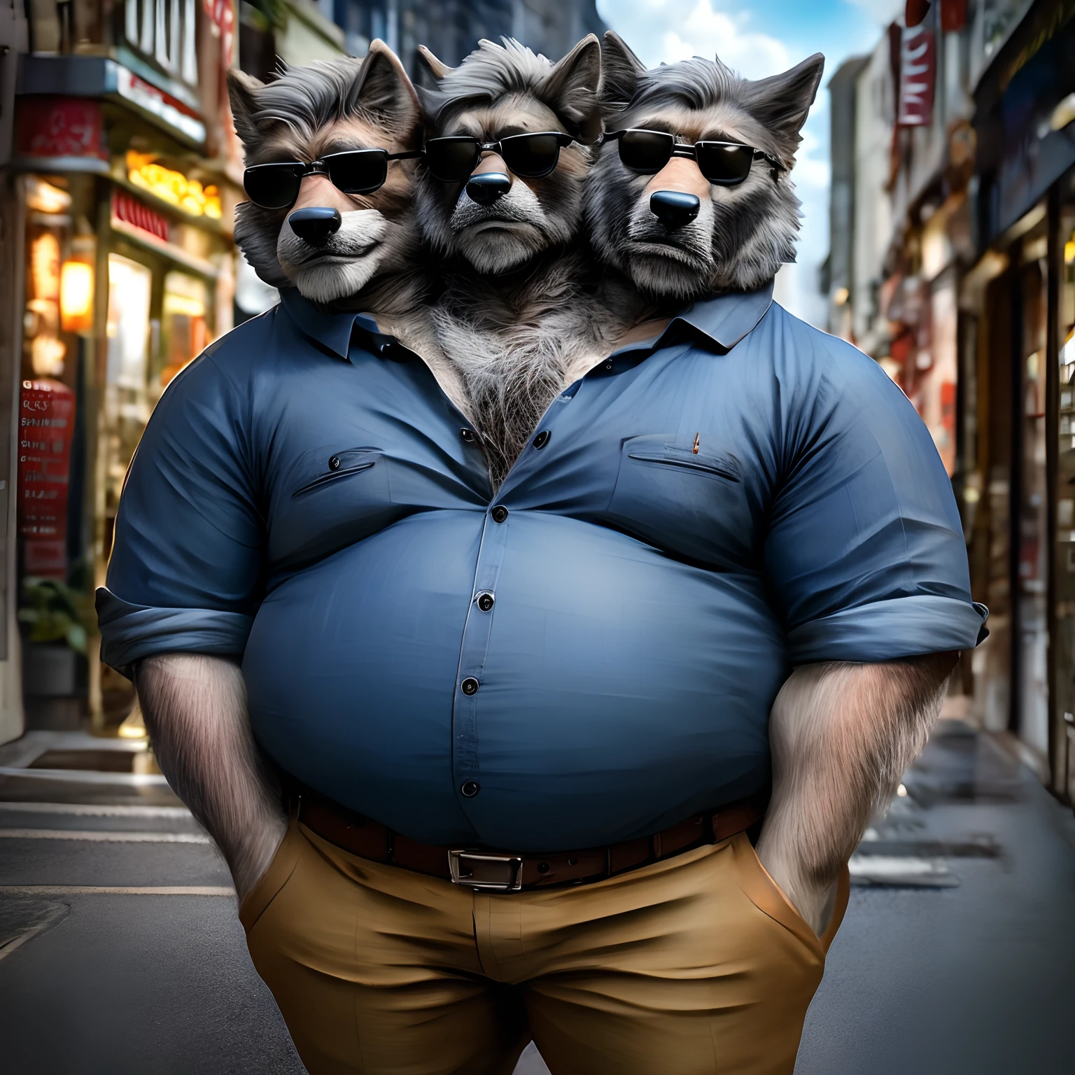 photo of 2heads, wolf, very fat, overweight, heavy, older male, old, three headed, three heads, one body, thick necks, hairy chest, street background, hands in pockets, sunglasses, gray mustache, short grey hair, long gray hair, sweaty, old, frowning, uncomfortable, button down, jeans, belt, identical, masterpiece, stylized, realistic, detailed, 3d, fat, masculine