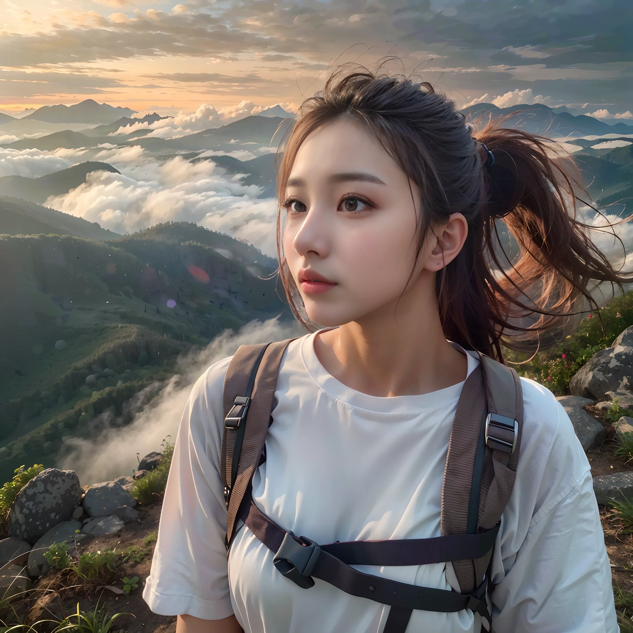 (Best Quality, hyper realistic photography), Magnificent mountain, sea of clouds, Woman watching sunset, selfee, ((Upper body)), white t-shirts, Trekking Shorts, trekking boots, rucksack, (ultra-delicate face, Super Beautiful Maid, Super delicate eyes, Ultra-detailed nose, Ultra detailed mouth, Ultra-detailed facial features), Beautie, 18year old