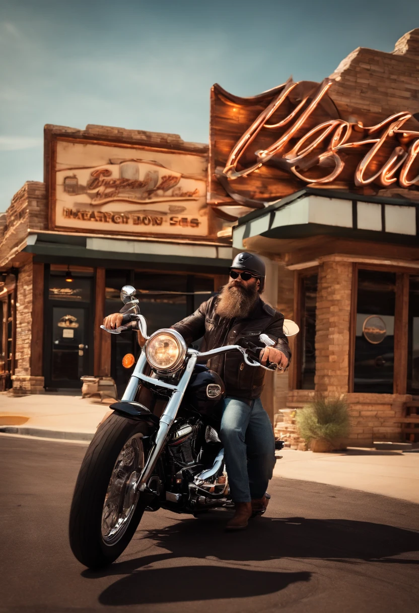 Kindly, Create a Pixar-style scene，Depicting an iconic American motorcyclist. He rode a Harley-Davidson-style motorcycle along America's iconic Route 66. The scene should convey a strong sense of adventure and excitement. Make sure the details of the bike, biker (That must be a beard) The landscape around them is vivid and full of life, It's like a scene from a Pixar movie. I hope this photo is exciting，with dynamism, Capture the essence of the journey along Route 66.