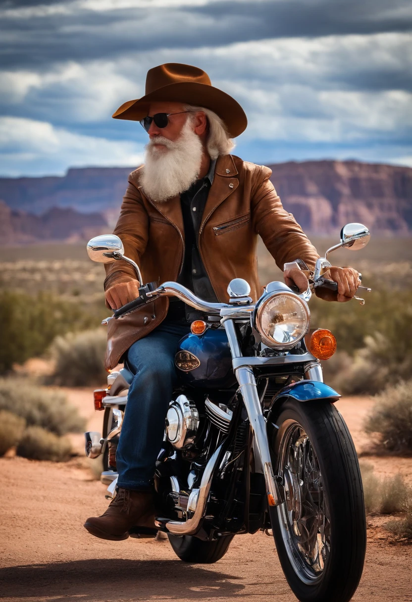 Kindly, Create a Pixar-style scene,Depicting an iconic American motorcyclist. He rode a Harley-Davidson-style motorcycle along America's iconic Route 66. The scene should convey a strong sense of adventure and excitement. Make sure the details of the bike, biker (That must be a beard) The landscape around them is vivid and full of life, It's like a scene from a Pixar movie. I hope this photo is exciting,with dynamism, Capture the essence of the journey along Route 66.