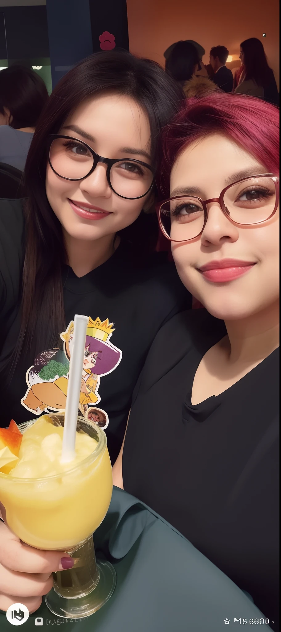duas mulheres sentadas em uma mesa com uma bebida em um copo, foto de perfil, foto do perfil, com uma bebida, foto do snapchat, imagem de qualidade muito baixa, imagem de perfil, foto de perfil 1024px, 📷 Mungojerrie e Rumpleteazer, taken in the early 2020s, instagram post, instagram story, imagem do avatar