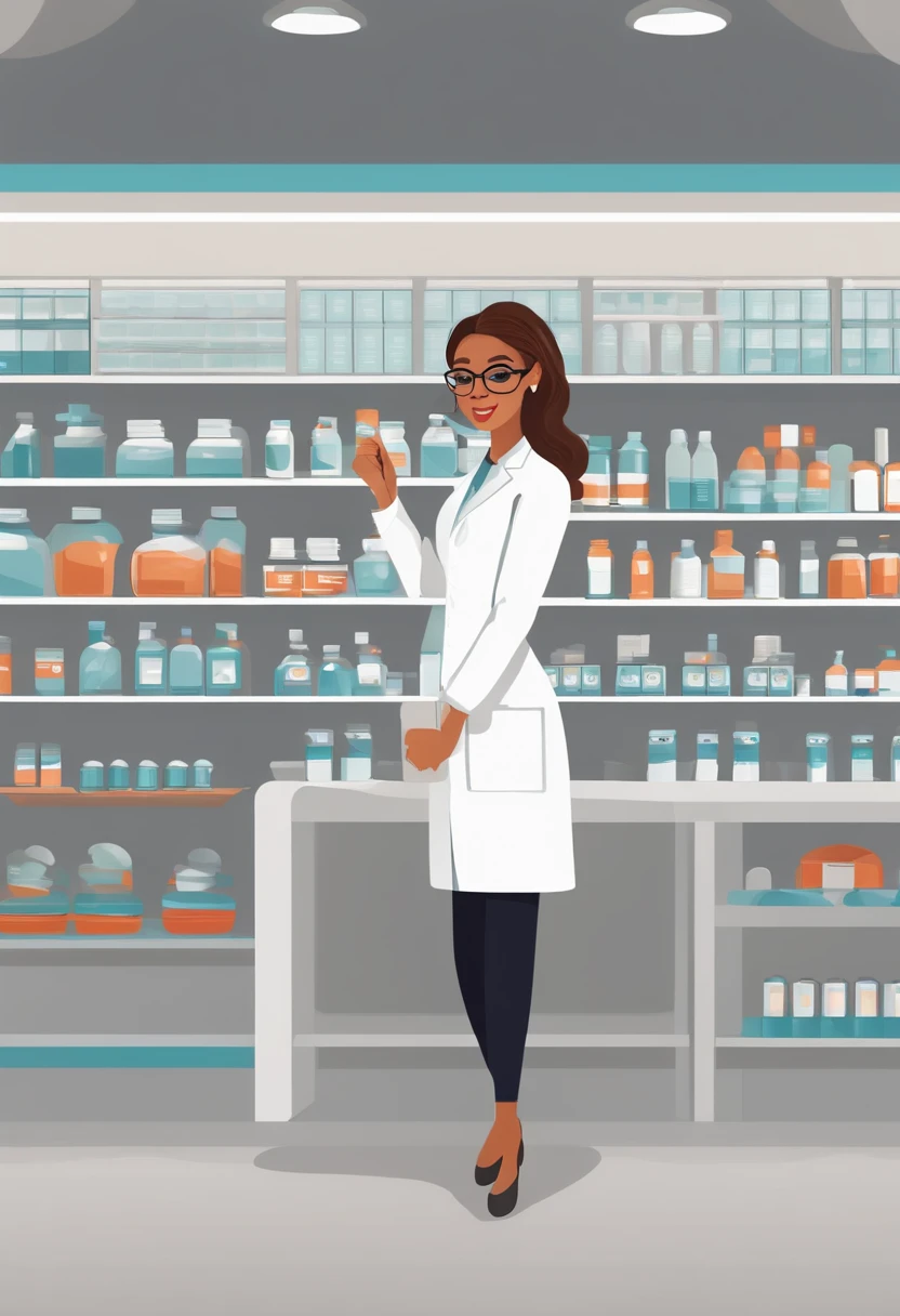 Arafed woman in a pharmacy store holding a pill, wearing lab coat and glasses, pharmacy, Malika Favre, vestindo jaleco e blusa, vestindo jaleco, drogaria, by Gina Pellón, In the background, by Amelia Peláez, fernanda suarez, vestindo um jaleco branco, usando jaleco, Caroline Gariba