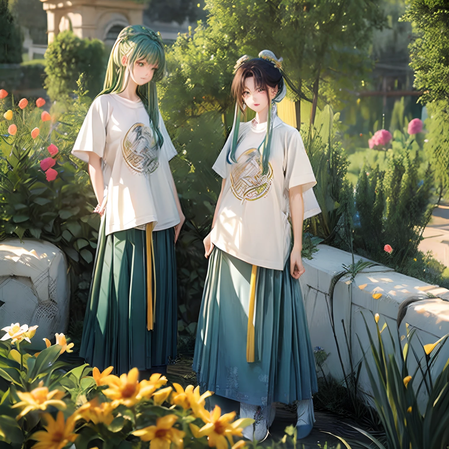 tall girl, with green hair [hair color: 1.5], green eyes [eye color: 1.5], greenish-white color [shade and dress color: 1.5], loose hair, headband (decoration) in her hair ), [headdress: 1.5], [reality: 1.5], standing next to the girl is her tall boy friend, wearing a white t-shirt (t-shirt), (white t-shirt), [t-shirt: 1.5], dark trousers [trouser color: 1.0 ], brown hair [hair brown colour:1.5],brown eyes [eye color: 1.5], standing next to each other in the garden [garden realism: 1.5], (garden), (flower garden), 3d