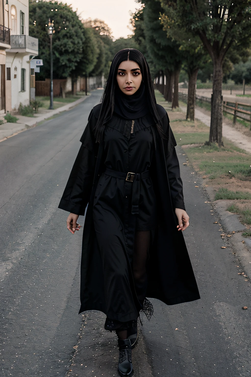 Arab girl in gothic style with black hair in a robe walking along a country road